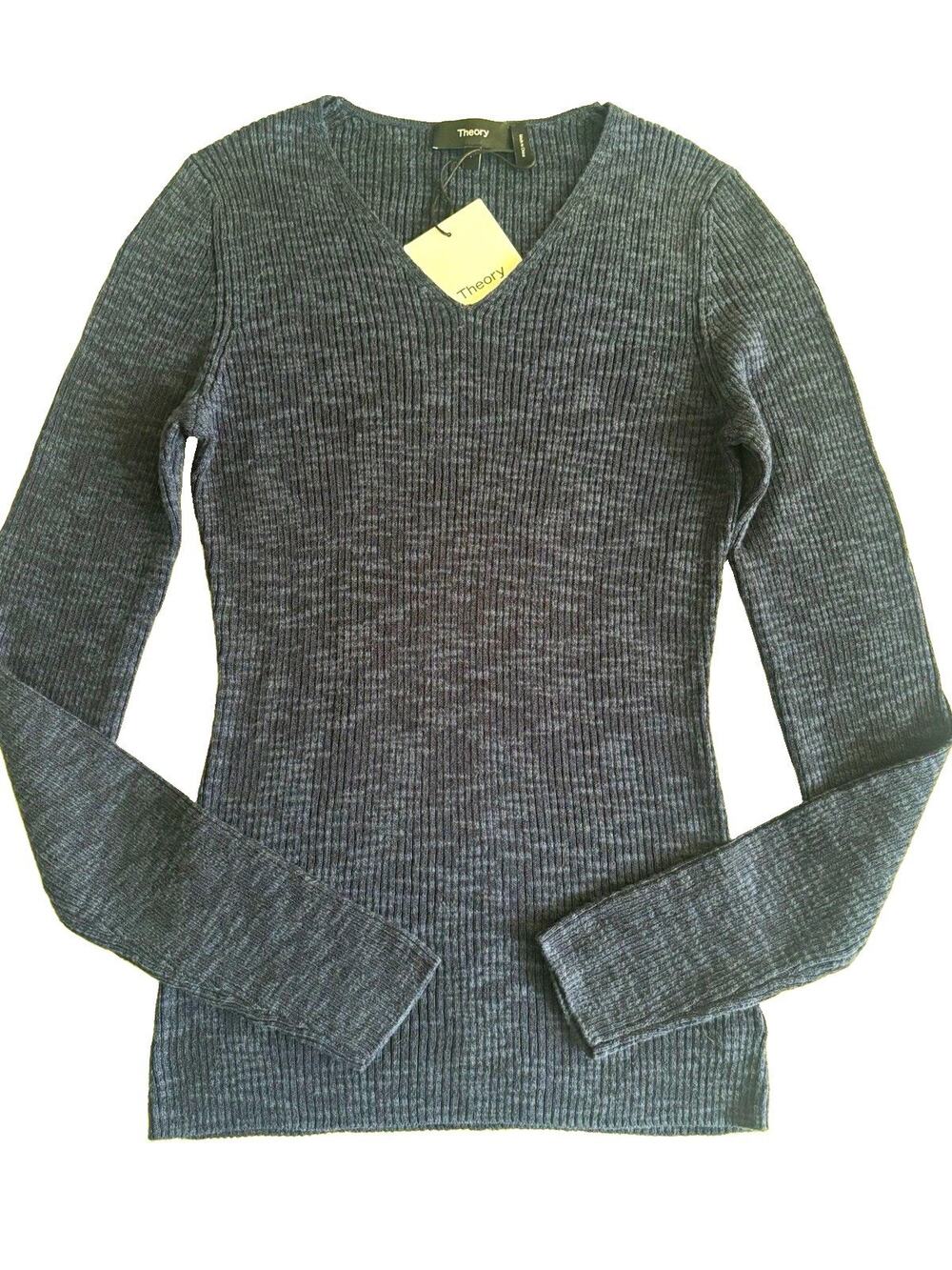 Theory Navy Rib-Knit V-Neck Long Sleeve Pullover Sweater XS M1214701